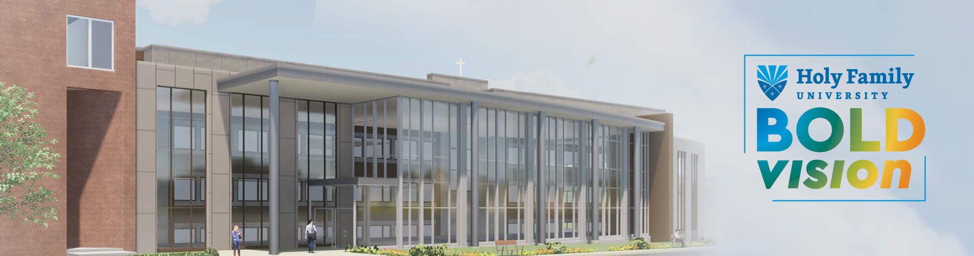 A rendering of the new Holy Family Hall welcome center with the Bold Vision logo on the right