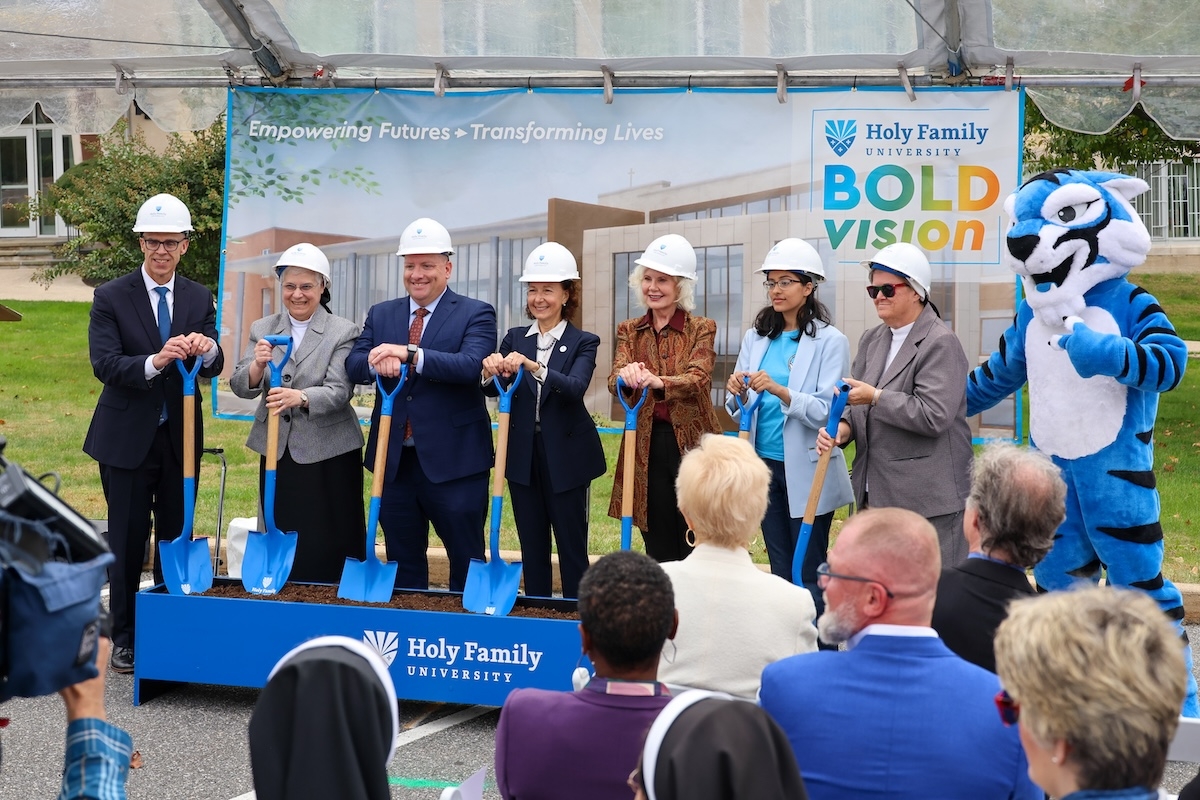 Representatives from Holy Family University with shovels in hand at the official groundbreaking of the HFH expansion