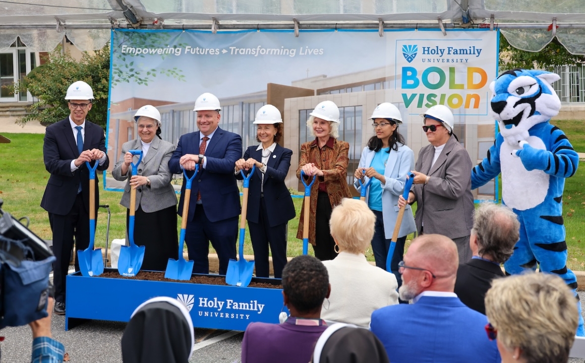Representatives from Holy Family University with shovels in hand at the official groundbreaking of the HFH expansion