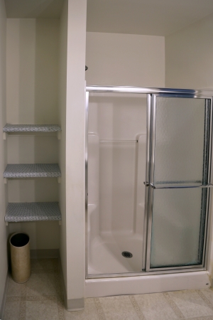 Delaney Hall Residence dorm private bathroom with stand-up shower