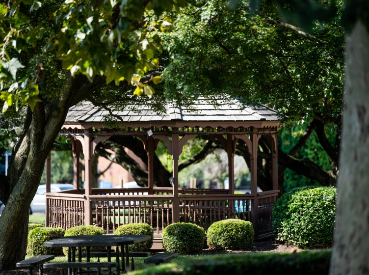 Gazebo on Holy Family University's campus seen through the trees