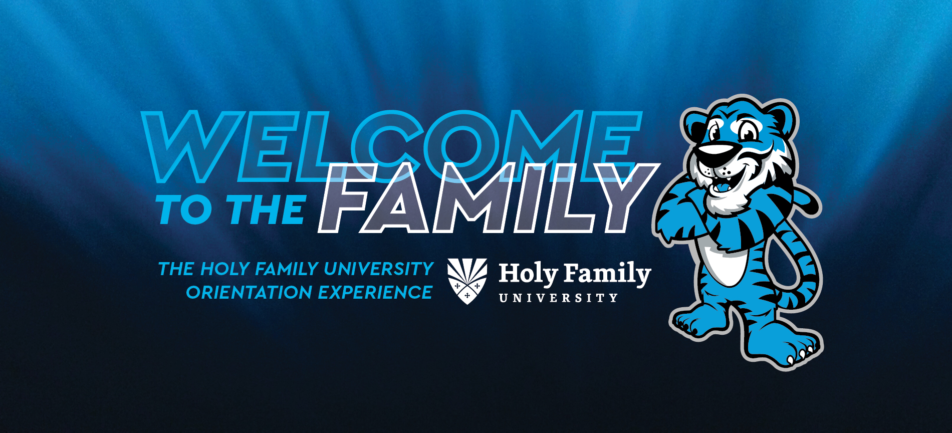Graphic with HFU's mascot Blue next to the words "Welcome to the Family" with the Holy Family University logo