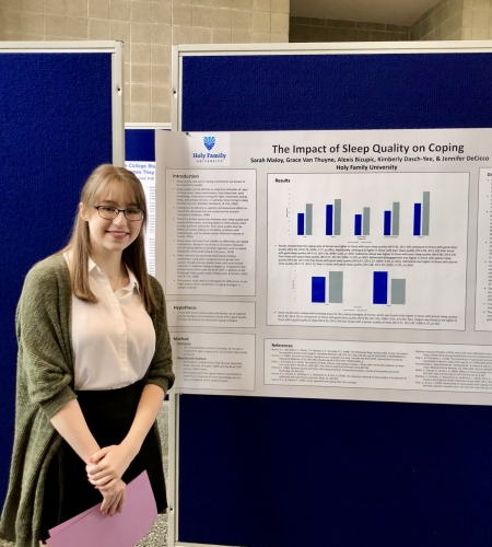 HFU psychology student presenting her research findings at a poster presentation on campus