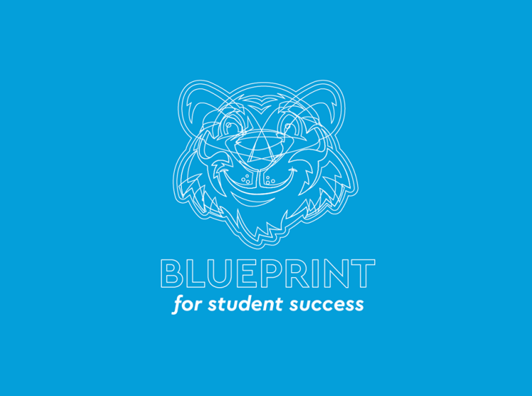 A graphic showing a sketch of the HFU tiger mascot Blue with the text "Blueprint for student success"