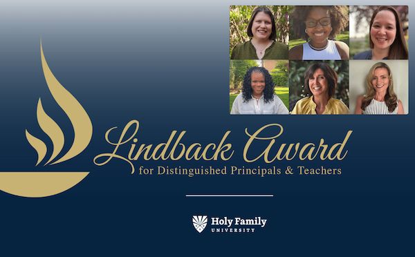 Graphic of the Lindback Award logo with photos of some HFU recipients