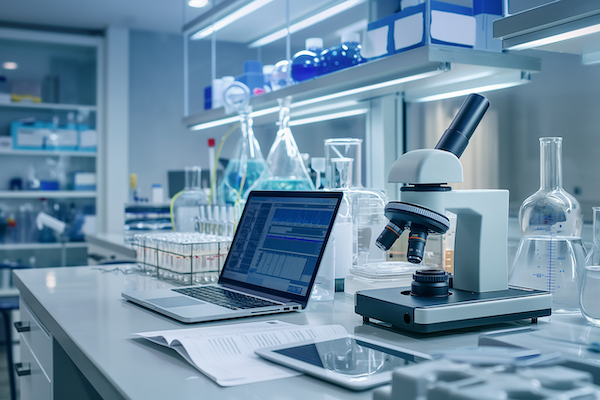 A counter in a lab with a laptop, microscope, beakers and other equipment